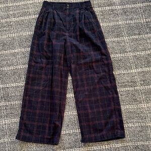 Madewell Women's Navy Plaid Wide Leg Corduroy Pants